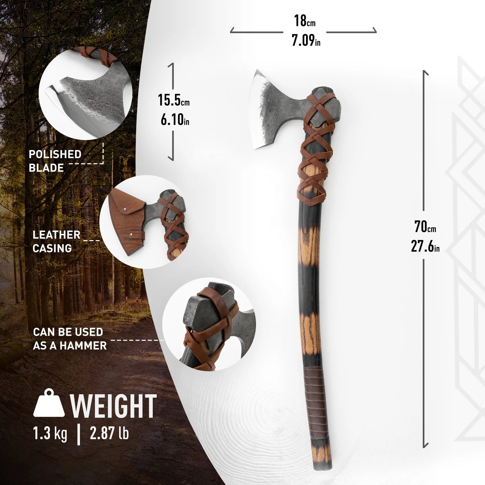 Axes with leather casing and measurements on a white background
