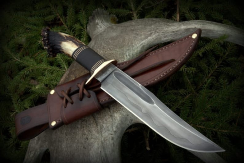 Handcrafted Bowie Knife with Stag Horn Handle and Leather Sheath