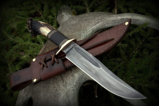 Handcrafted Bowie Knife with Stag Horn Handle and Leather Sheath