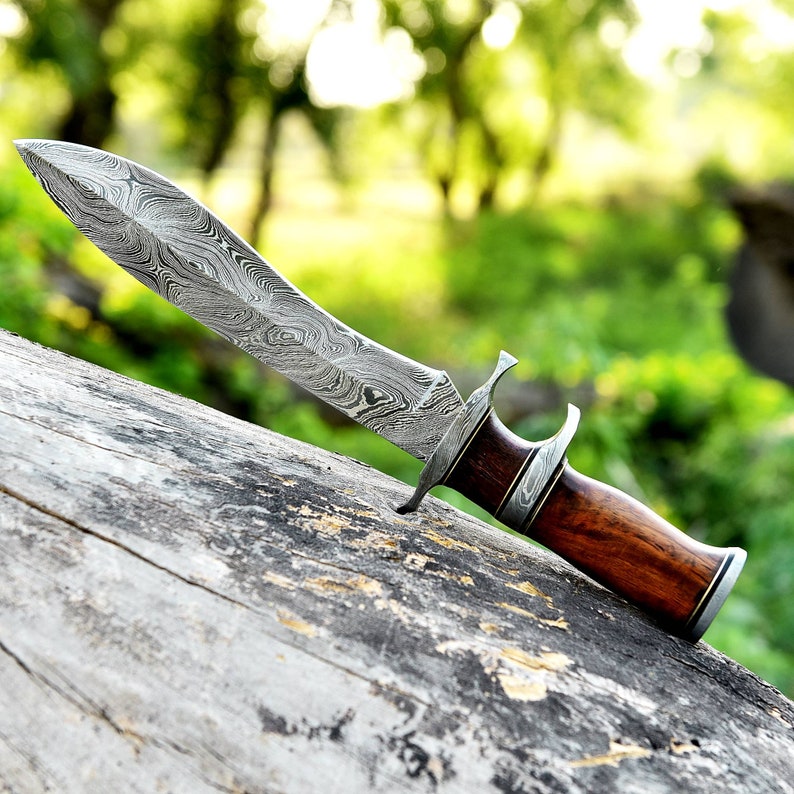 Custom Handmade Damascus Steel Bowie Knife with Premium Rosewood Handle
