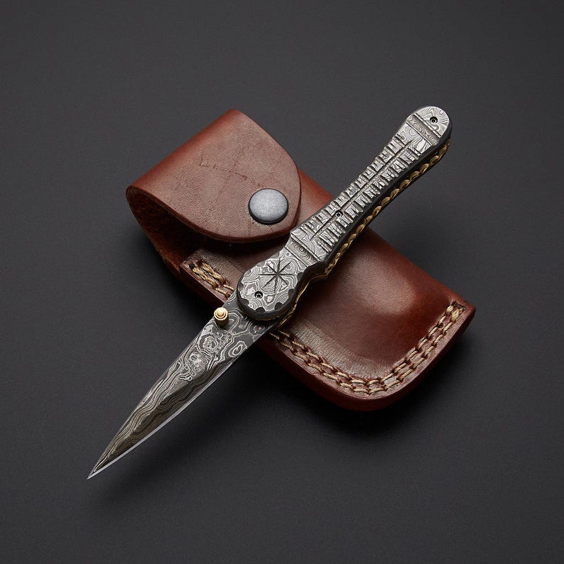 Handcrafted Damascus Steel Folding Pocket Knife with Premium Leather Pouch