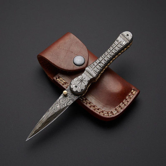 Handcrafted Damascus Steel Folding Pocket Knife with Premium Leather Pouch
