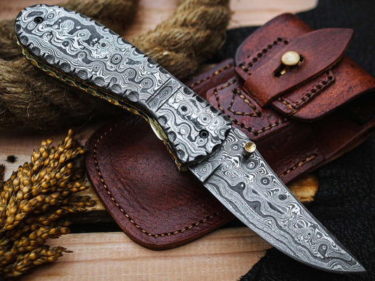 Handcrafted Damascus Steel Folding Pocket Knife with Premium Leather Pouch