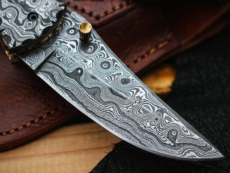 Handcrafted Damascus Steel Folding Pocket Knife with Premium Leather Pouch