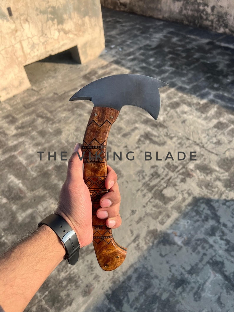 Handcrafted Tomahawk Axe Tribal Etched Rosewood Handle, Carbon Steel Blade with Leather Sheath