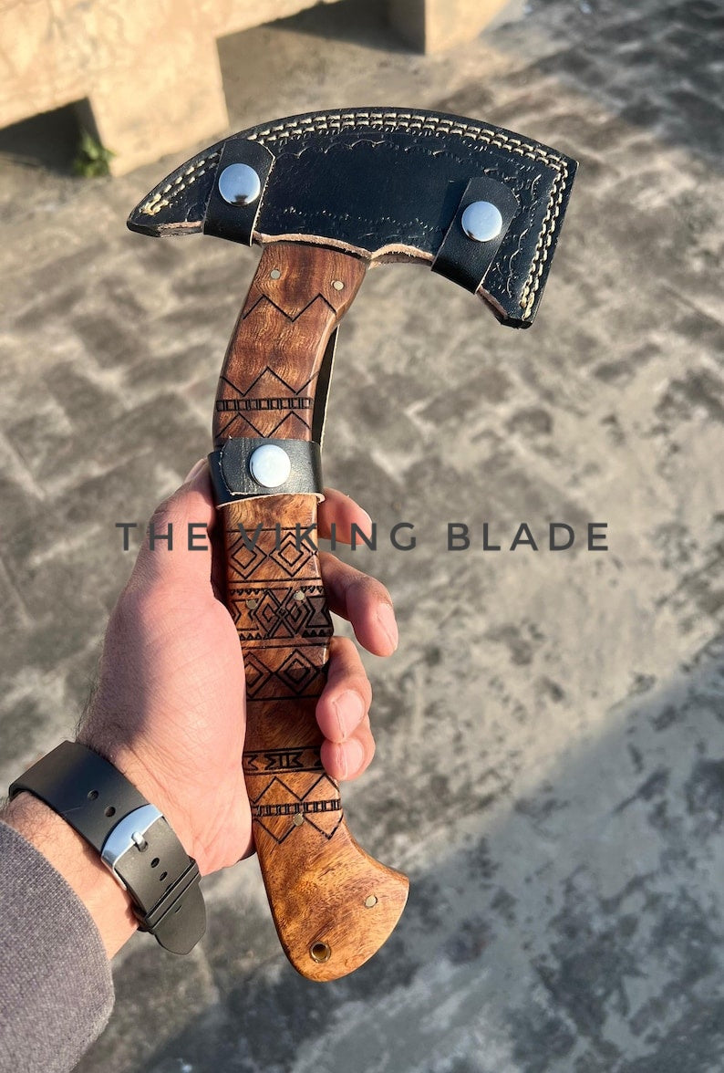 Handcrafted Tomahawk Axe Tribal Etched Rosewood Handle, Carbon Steel Blade with Leather Sheath