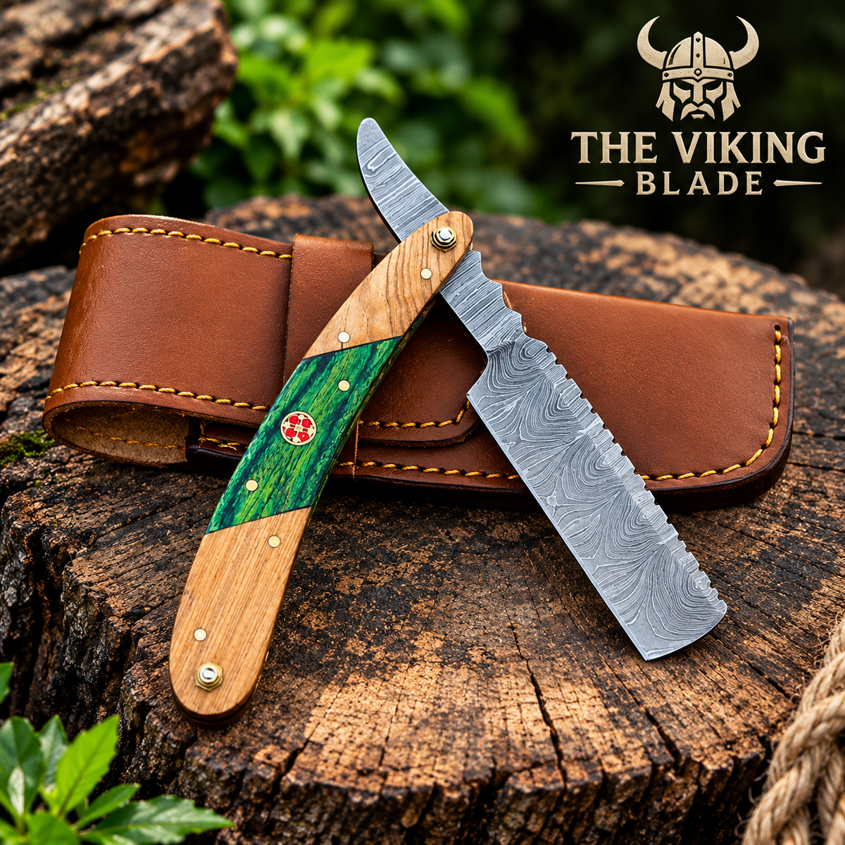 Handmade Damascus Steel Straight Razor with Olivewood & Green Pakka Wood handle. Premium craftsmanship, sharp blade, and a smooth, precise shave.
