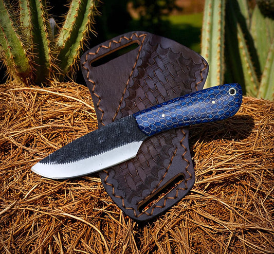 Knife with a blue handle and textured sheath on a natural background