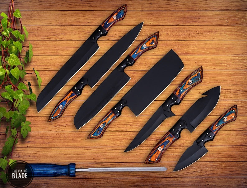 Handmade Chef Knife Set with Razor Sharp Cutting Edge Comes with Unique Style beautiful Leather Sheath Roll | The Viking Blade |
