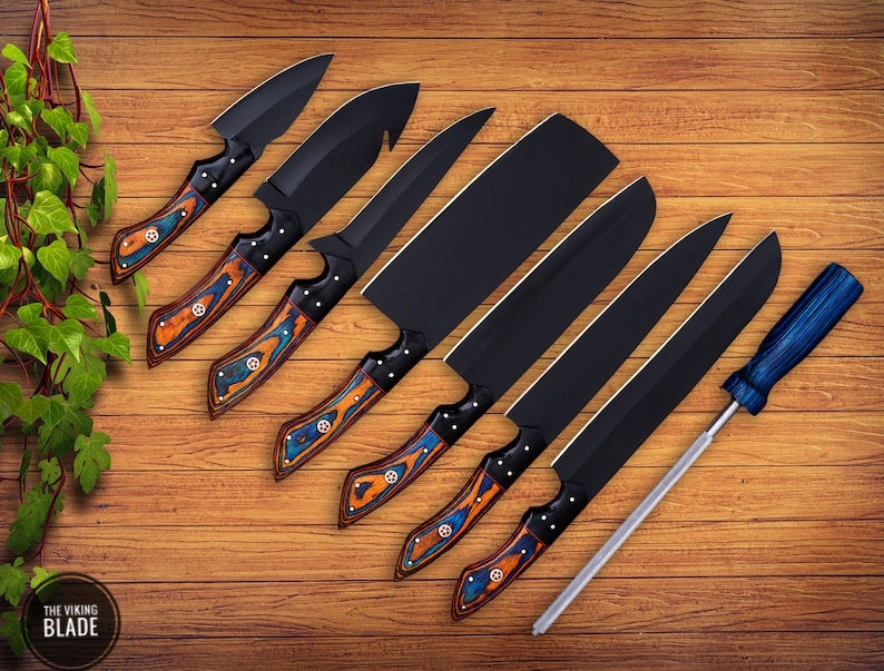 Handmade Chef Knife Set with Razor Sharp Cutting Edge Comes with Unique Style beautiful Leather Sheath Roll | The Viking Blade |