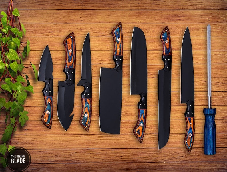 Handmade Chef Knife Set with Razor Sharp Cutting Edge Comes with Unique Style beautiful Leather Sheath Roll | The Viking Blade |