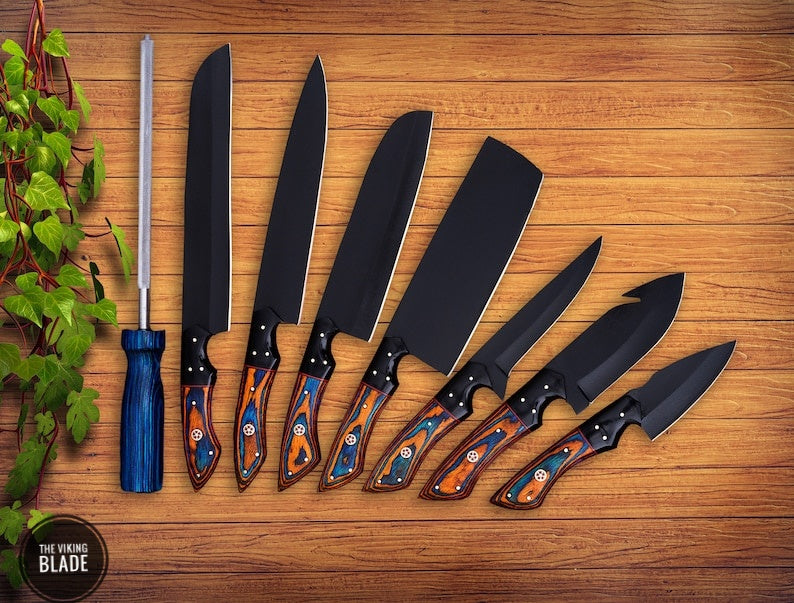 Handmade Chef Knife Set with Razor Sharp Cutting Edge Comes with Unique Style beautiful Leather Sheath Roll | The Viking Blade |