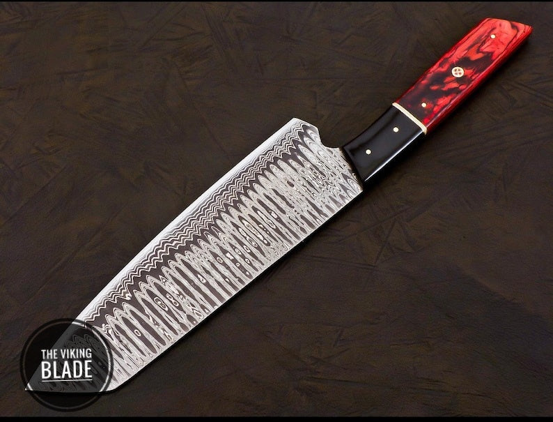 Handmade Damascus Chef Knife Hand Forged Japanese Bunka Kitchen Knife With Leather Roll Kit | The Viking Blade |