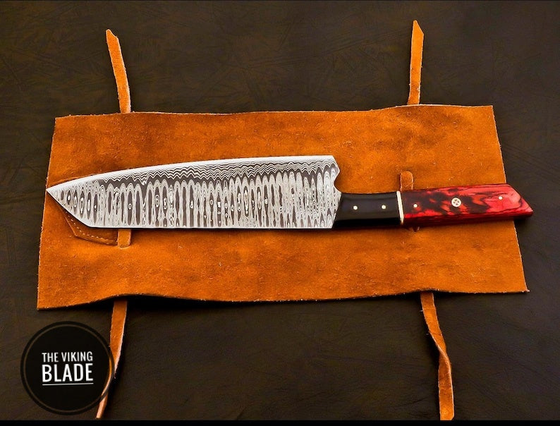 Handmade Damascus Chef Knife Hand Forged Japanese Bunka Kitchen Knife With Leather Roll Kit | The Viking Blade |