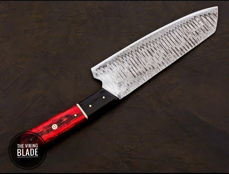 Handmade Damascus Chef Knife Hand Forged Japanese Bunka Kitchen Knife With Leather Roll Kit | The Viking Blade |