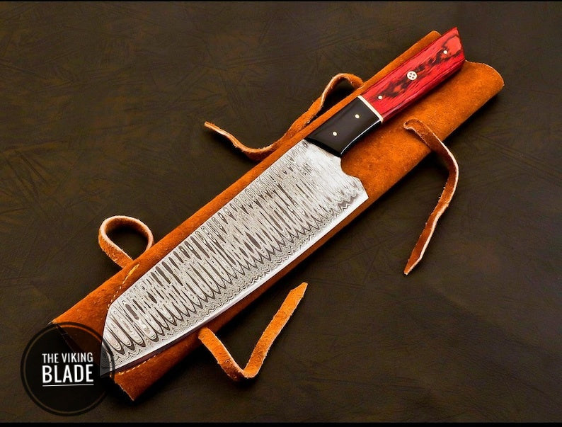 Handmade Damascus Chef Knife Hand Forged Japanese Bunka Kitchen Knife With Leather Roll Kit | The Viking Blade |