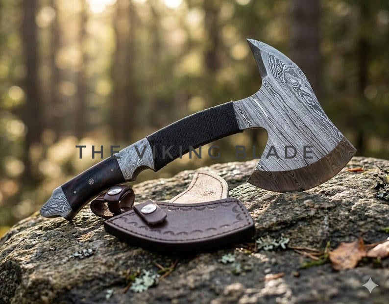 Handmade Damascus Steel Ax Hatchet – Custom Tomahawk with Leather Sheath, Full Tang Wood Handle