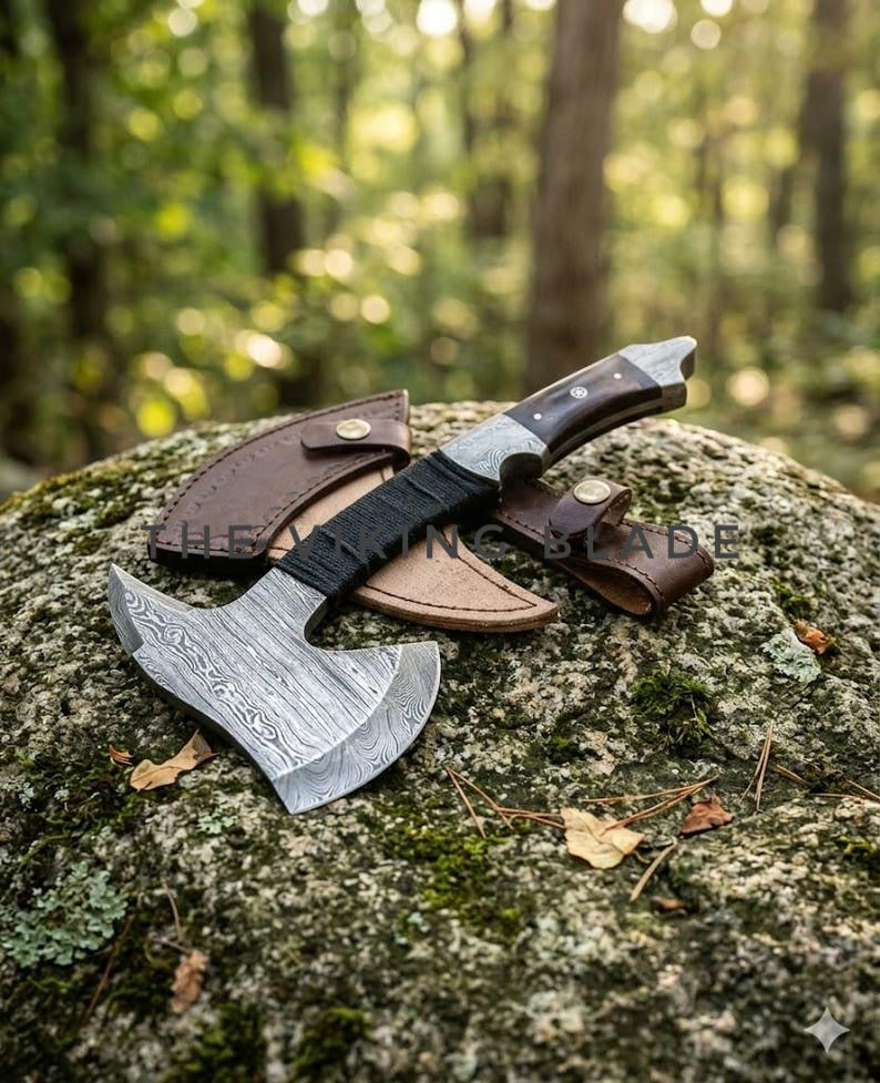 Handmade Damascus Steel Ax Hatchet – Custom Tomahawk with Leather Sheath, Full Tang Wood Handle