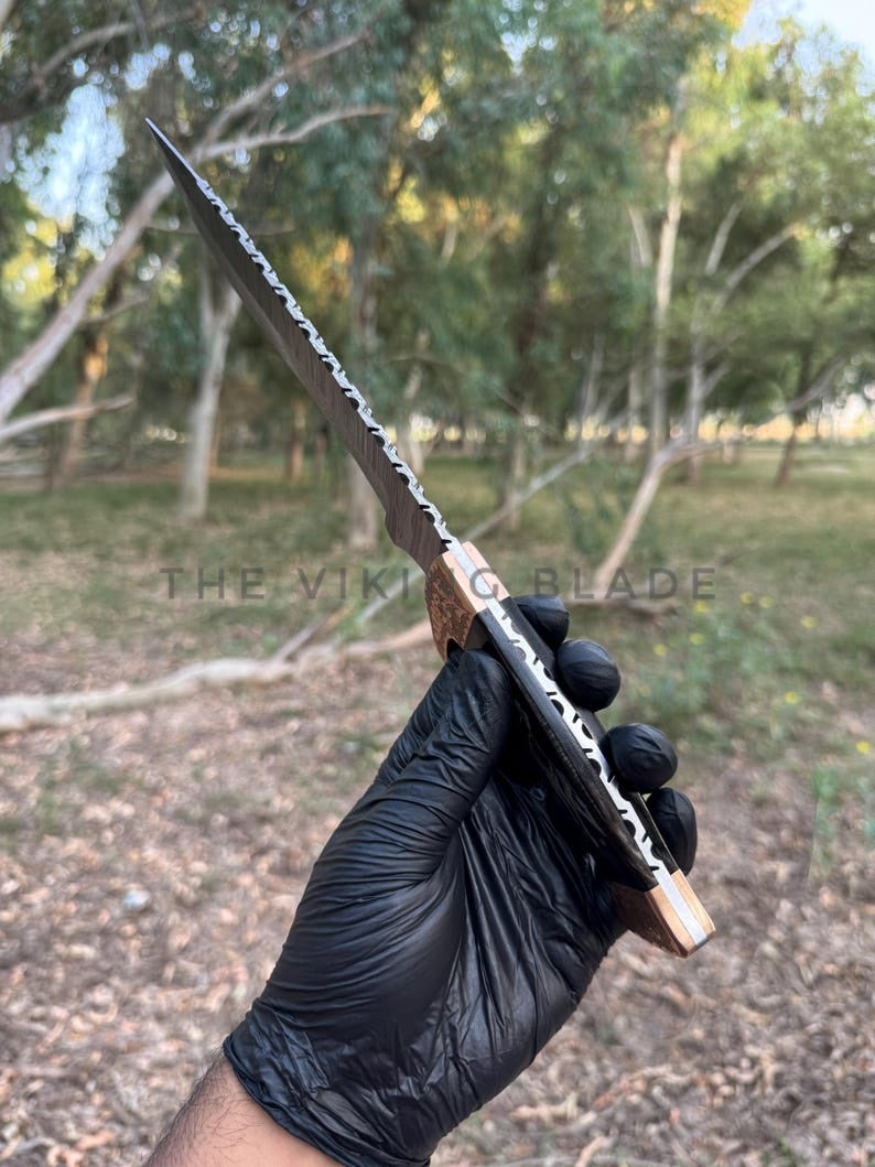 14" Custom Handmade Damascus Steel Bowie Hunting Knife - Chisel Engraved Copper Bolsters - Scrimshaw Handle