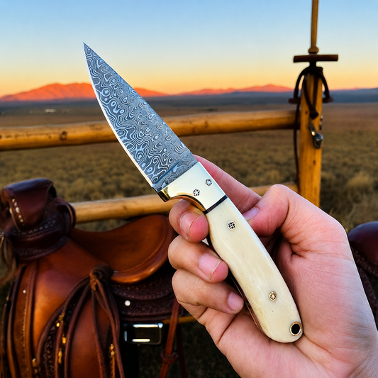 A hand holding a fixed-blade knife with a patterned Damascus steel blade and a cream-colored bone handle, set against a rustic outdoor background with a leather saddle and mountains at sunset.