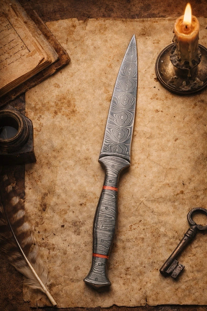 Decorative knife with an embossed blade on a rustic background with books, a candle, and a key.