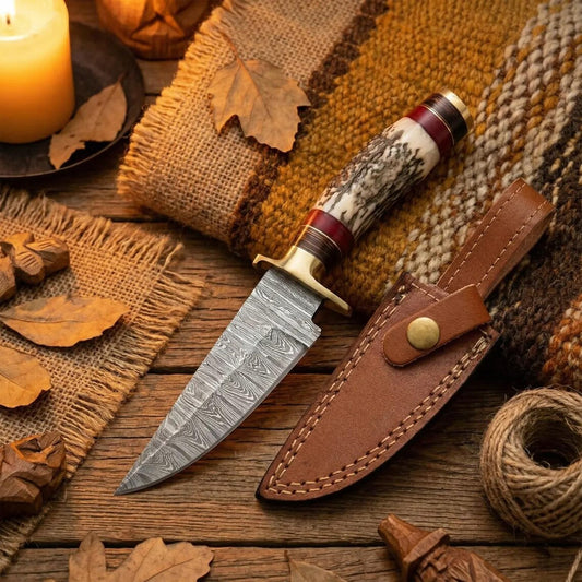 Decorative knife with wooden handle and leather sheath on a rustic wooden surface with leaves and a candle.
