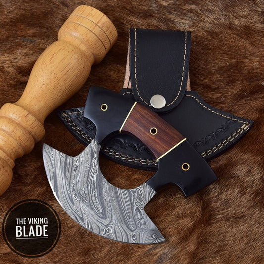 Handmade Damascus steel Ulu knife designed for chef cooking, camping, and outdoor cutting tasks