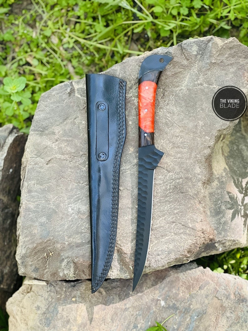 Handmade Forged Viking Hunting Camping Survival Chef Resin Fillet Knife With Leather Sheath | The Viking Blade |