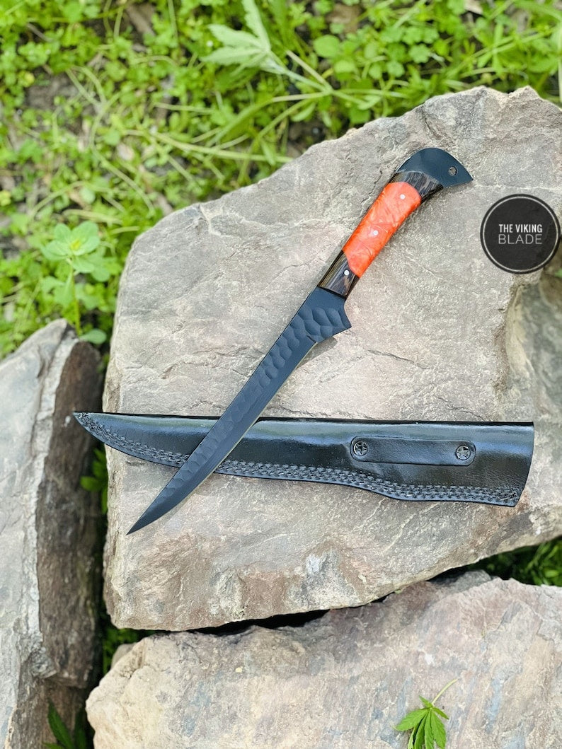 Handmade Forged Viking Hunting Camping Survival Chef Resin Fillet Knife With Leather Sheath | The Viking Blade |