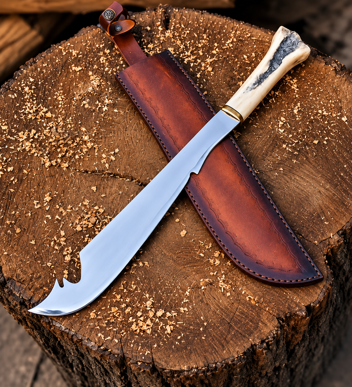 A fixed-blade knife with a silver steel blade, bone handle, and brown leather sheath, displayed diagonally on a rustic wood log.