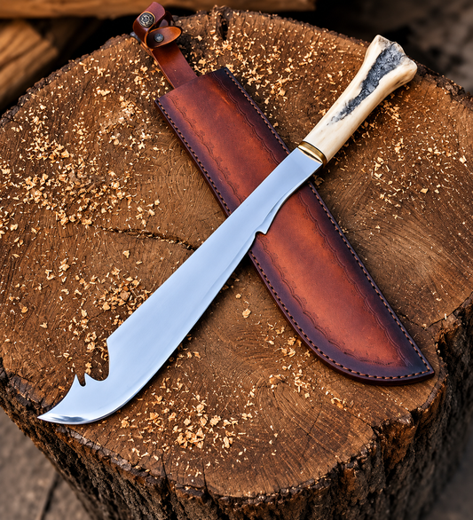 A fixed-blade knife with a silver steel blade, bone handle, and brown leather sheath, displayed diagonally on a rustic wood log.