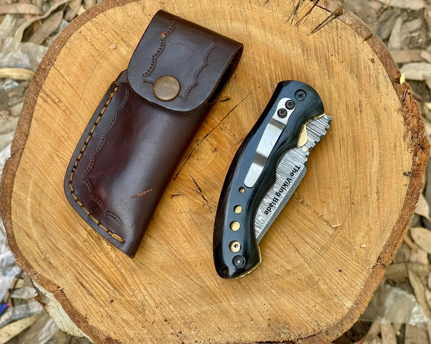 Custom Handmade Damascus Steel Folding Pocket Knife With Leather Pouch