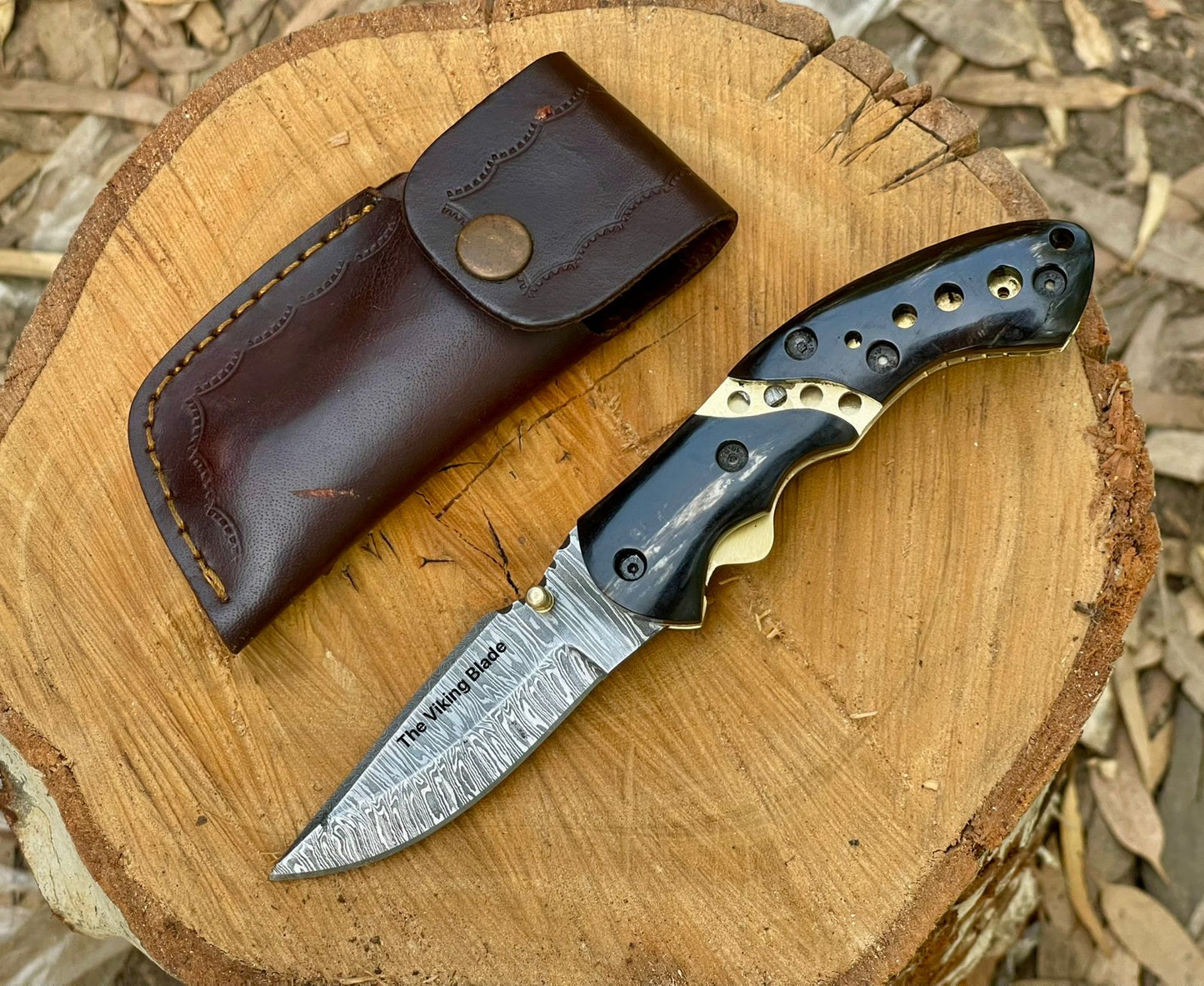 Custom Handmade Damascus Steel Folding Pocket Knife With Leather Pouch