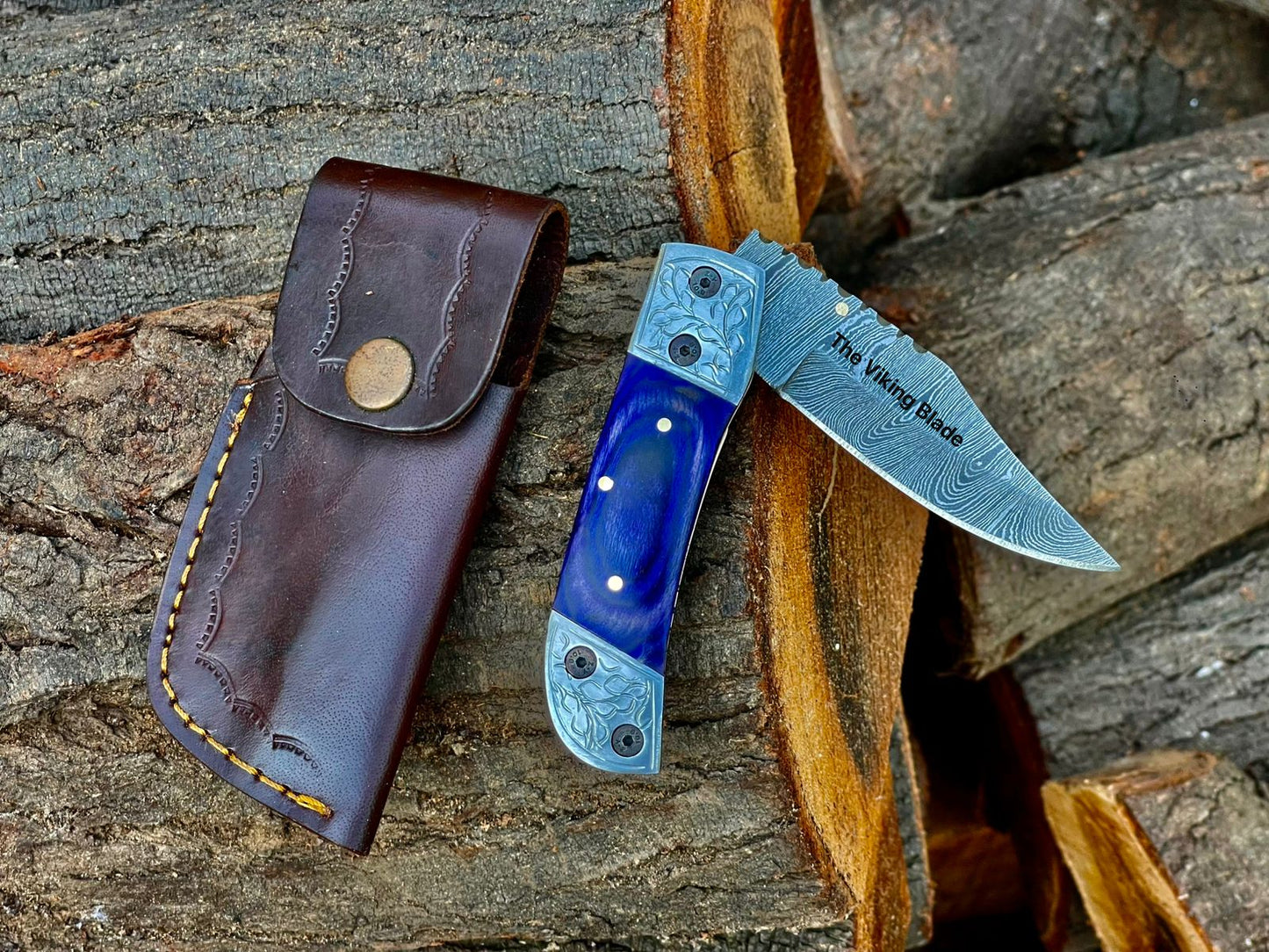 Custom Handmade Damascus Steel Folding Pocket Knife With Leather Pouch