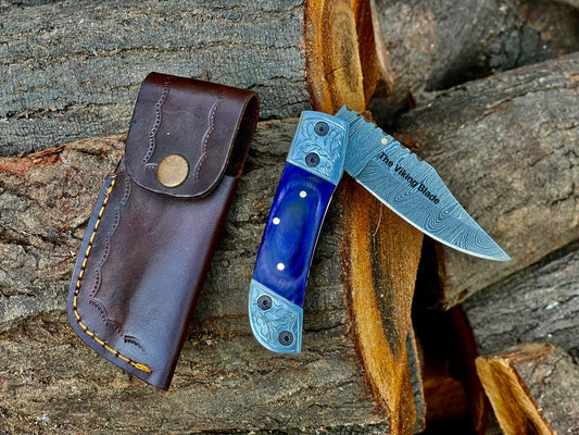 Custom Handmade Damascus Steel Folding Pocket Knife With Leather Pouch