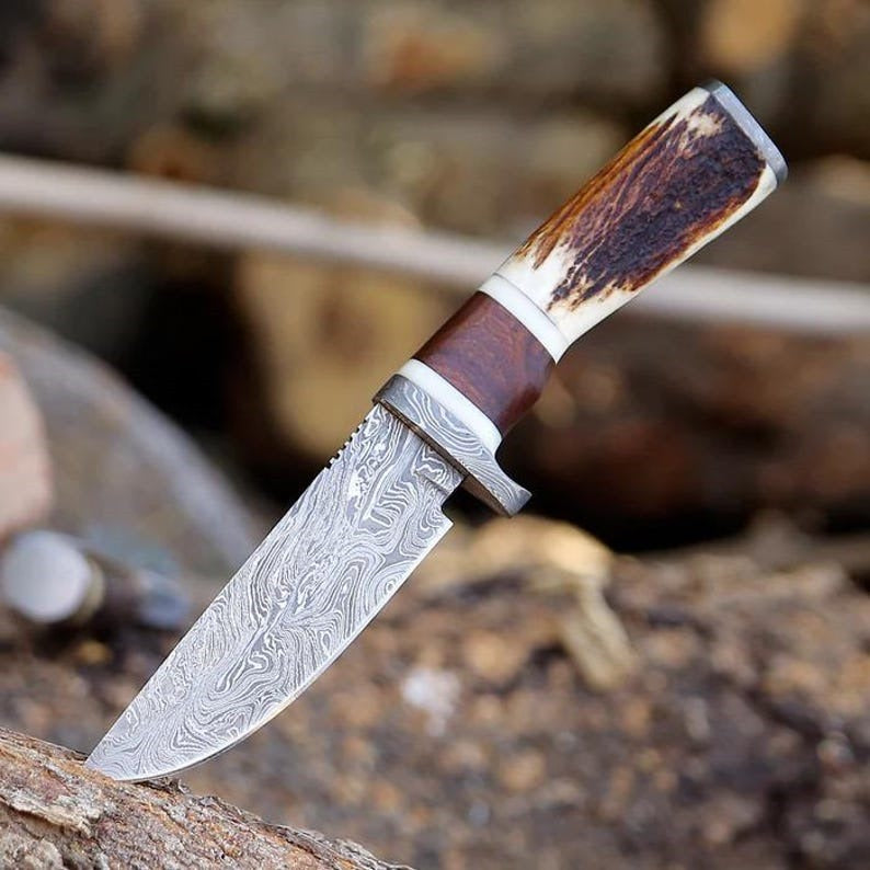 Custom Handmade Damascus Steel Hunting Knife With Leather Sheath