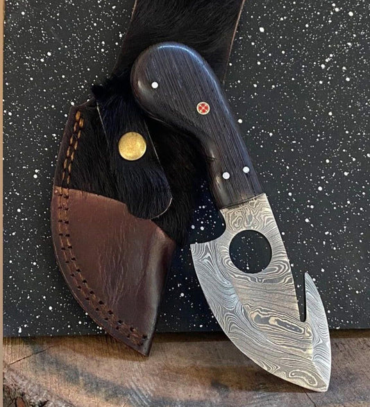Custom Handmade Damascus Steel Gut Hook And Skinner Knife With Leather Sheaths