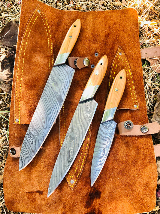 Custom Handmade Damascus Steel Chef Set With Leather Roll Kit