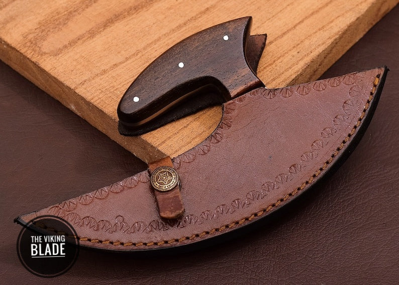 Luxury Damascus hunting Ulu knife with decorative wooden stand and protective leather sheath