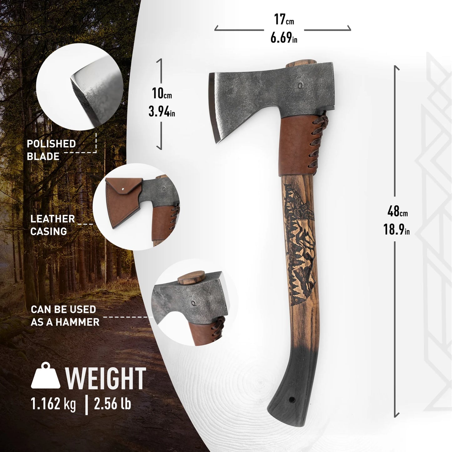 Axes with polished blade, leather casing, and wooden handle on a white background with measurements.