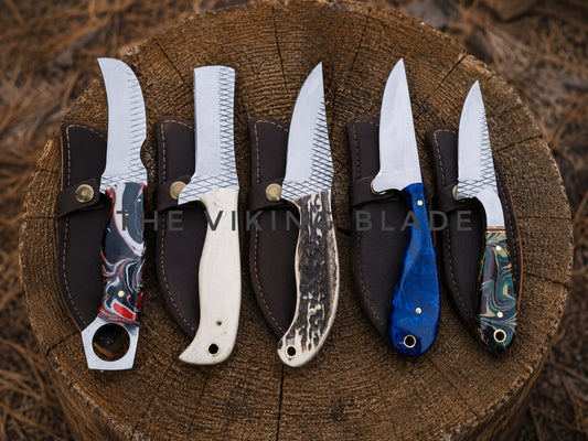 Handmade Knife Set of 5 | Skinning, Camping & Cowboy Knives | Farrier Rasp Steel