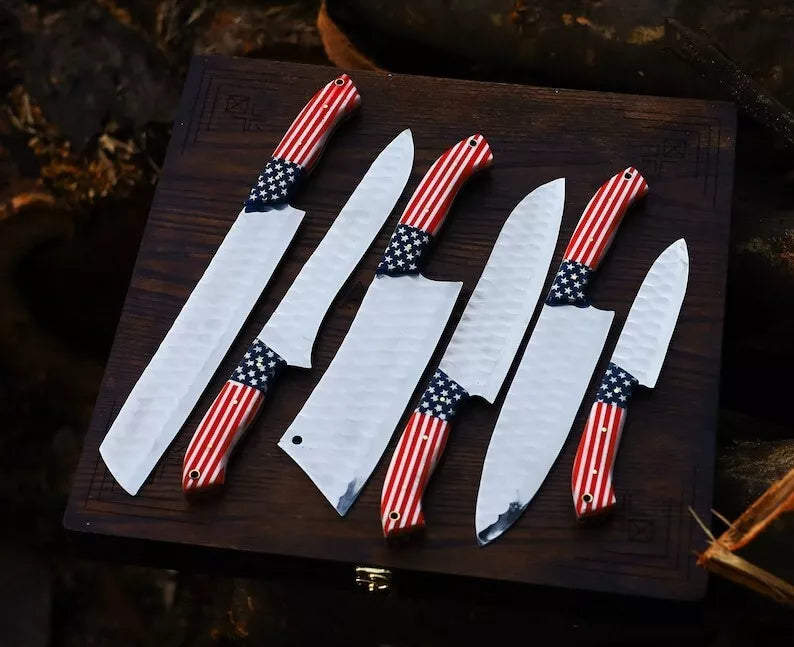 Custom Handmade Carbon Steel Chef Knife Set – 6 Piece Kitchen Knives with Leather Bag | The Viking Blade |