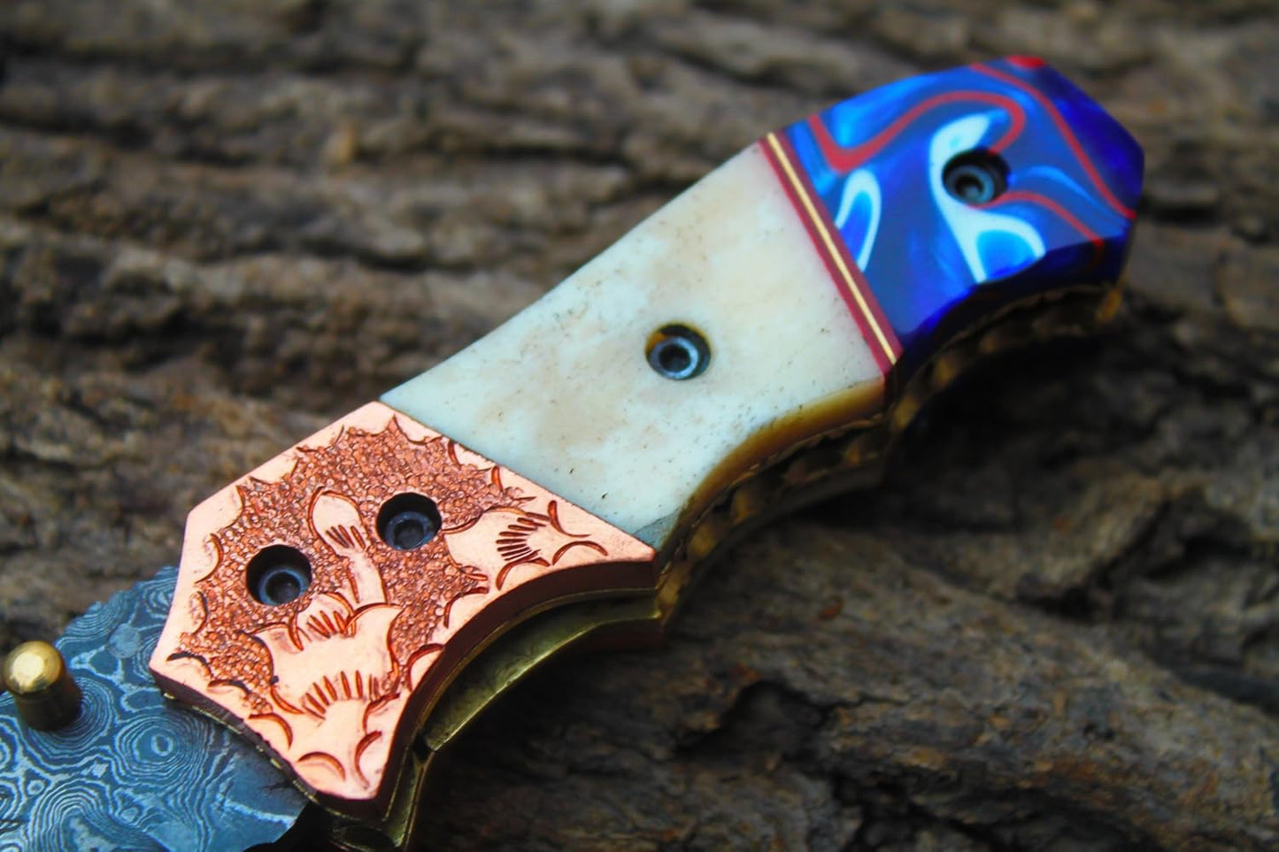 Handcrafted Damascus Steel Folding Pocket Knife with Leather Pouch