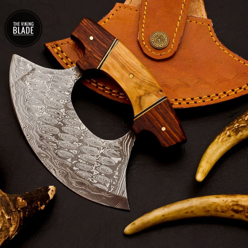 Premium Damascus steel Ulu chef knife crafted with elegant Koa wood handle
