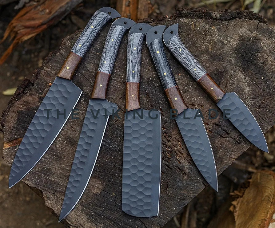 Professional Kitchen Knives, Stainless Steel 5-Piece Utility Chef Knife Set with Cleaver, Leather Roll Kit (Black Coated Steel) | The Viking Blade |