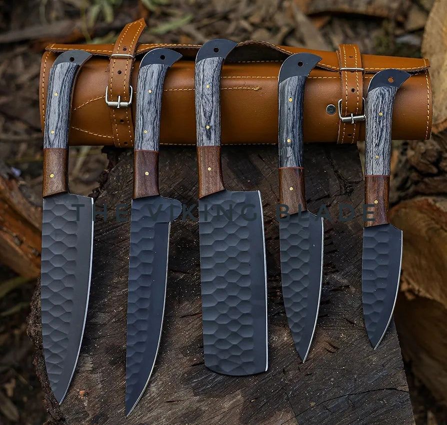 Professional Kitchen Knives, Stainless Steel 5-Piece Utility Chef Knife Set with Cleaver, Leather Roll Kit (Black Coated Steel) | The Viking Blade |