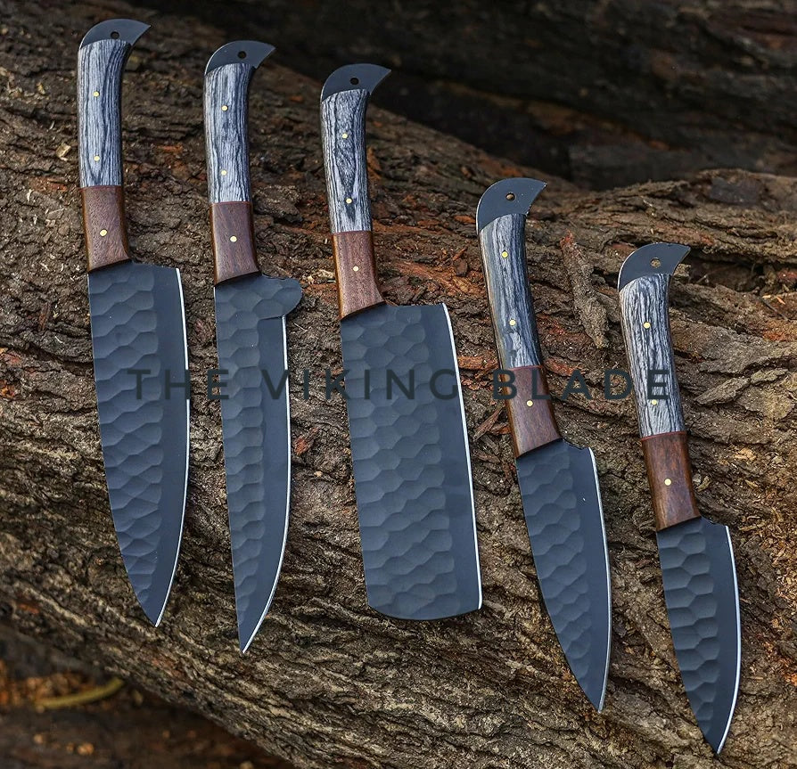 Professional Kitchen Knives, Stainless Steel 5-Piece Utility Chef Knife Set with Cleaver, Leather Roll Kit (Black Coated Steel) | The Viking Blade |