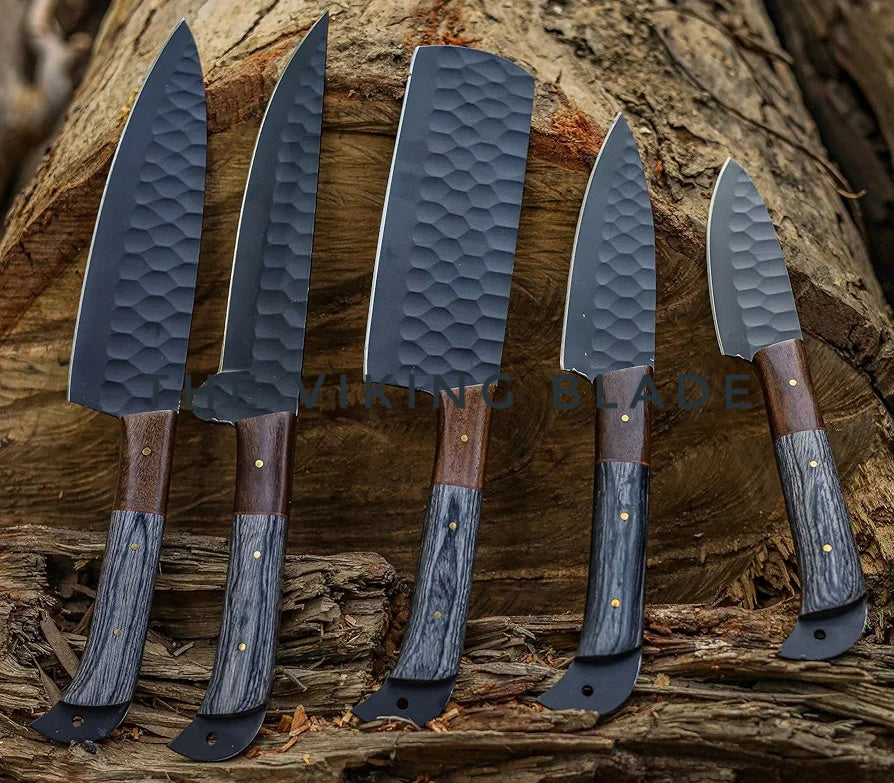 Professional Kitchen Knives, Stainless Steel 5-Piece Utility Chef Knife Set with Cleaver, Leather Roll Kit (Black Coated Steel) | The Viking Blade |