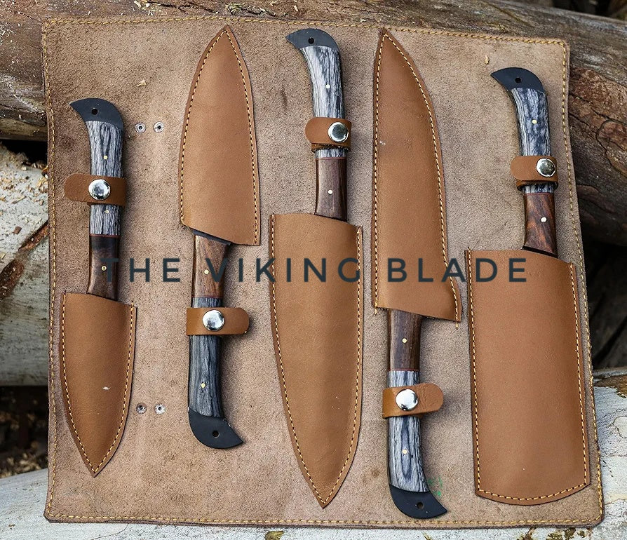 Professional Kitchen Knives, Stainless Steel 5-Piece Utility Chef Knife Set with Cleaver, Leather Roll Kit (Black Coated Steel) | The Viking Blade |