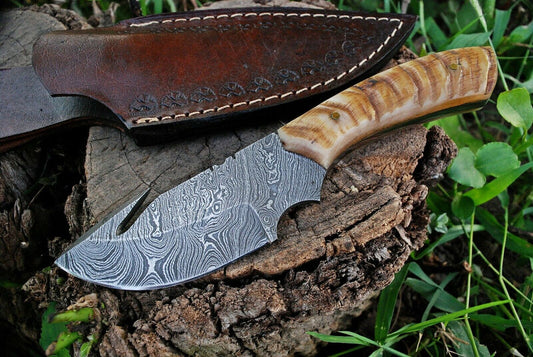 Custom Handmade Damascus Steel Guthook Skinning Knife With Leather Sheath